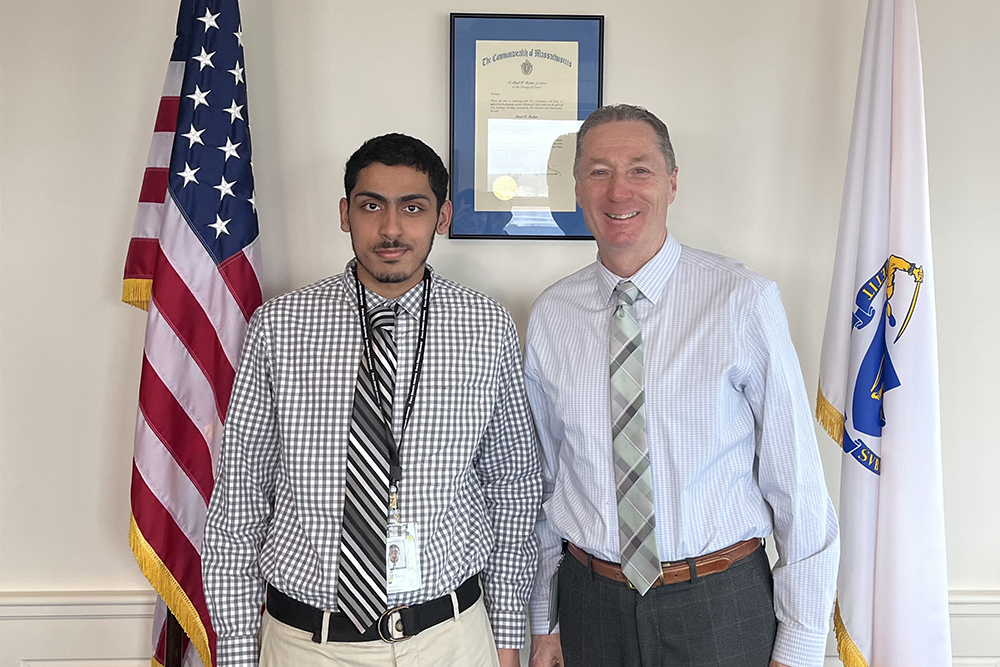 Joxiah (JoJo) Pacheco with Paul Tucker, Essex County District Attorney. JoJo is a student at Salem State University, doing an internship at the Essex County Court.